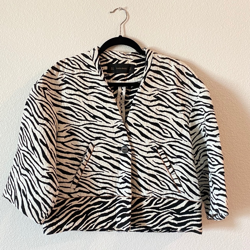Zara Zebra Animal Print Balloon Sleeve Crop Coat